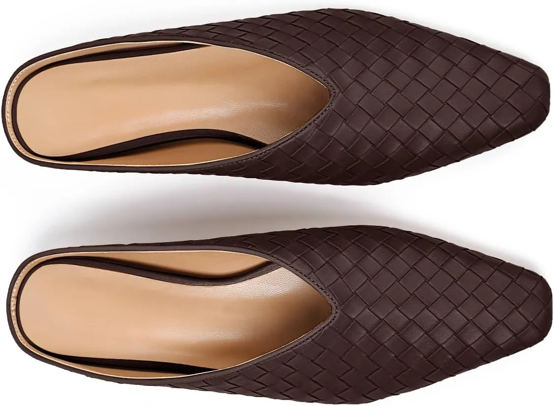 Woven Mules for Women Metallic Leather Slides Ladies Trendy Comfortable Square Toe Hidden Wedge Heels