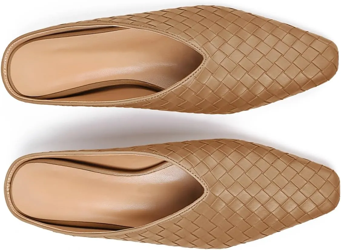 Woven Mules for Women Metallic Leather Slides Ladies Trendy Comfortable Square Toe Hidden Wedge Heels