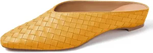 Woven Mules for Women Metallic Leather Slides Ladies Trendy Comfortable Square Toe Hidden Wedge Heels