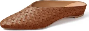 Woven Mules for Women Metallic Leather Slides Ladies Trendy Comfortable Square Toe Hidden Wedge Heels