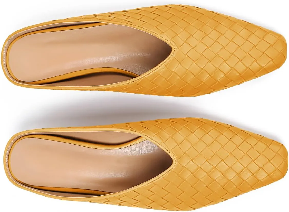 Woven Mules for Women Metallic Leather Slides Ladies Trendy Comfortable Square Toe Hidden Wedge Heels