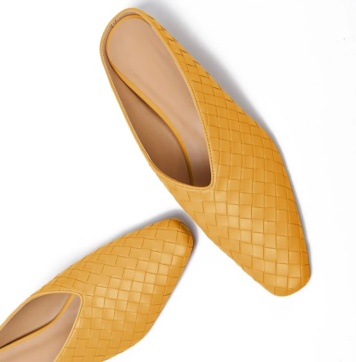 Woven Mules for Women Metallic Leather Slides Ladies Trendy Comfortable Square Toe Hidden Wedge Heels