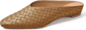 Woven Mules for Women Metallic Leather Slides Ladies Trendy Comfortable Square Toe Hidden Wedge Heels