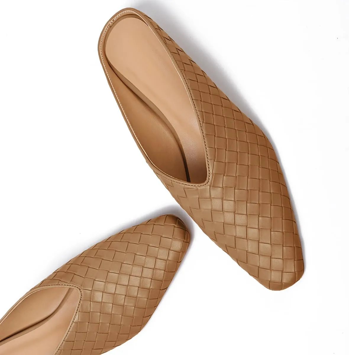 Woven Mules for Women Metallic Leather Slides Ladies Trendy Comfortable Square Toe Hidden Wedge Heels