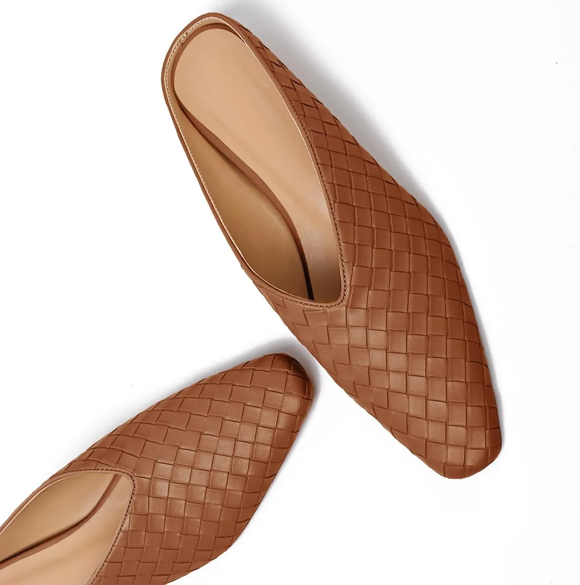 Woven Mules for Women Metallic Leather Slides Ladies Trendy Comfortable Square Toe Hidden Wedge Heels