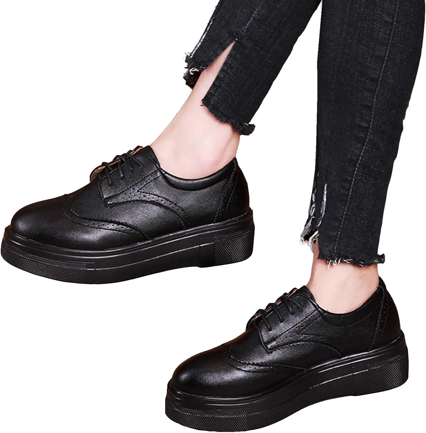 WUIWUIYU Womens Casual Patent Leather Lace-Up British Style Platform Brogues Oxford Saddle Shoes