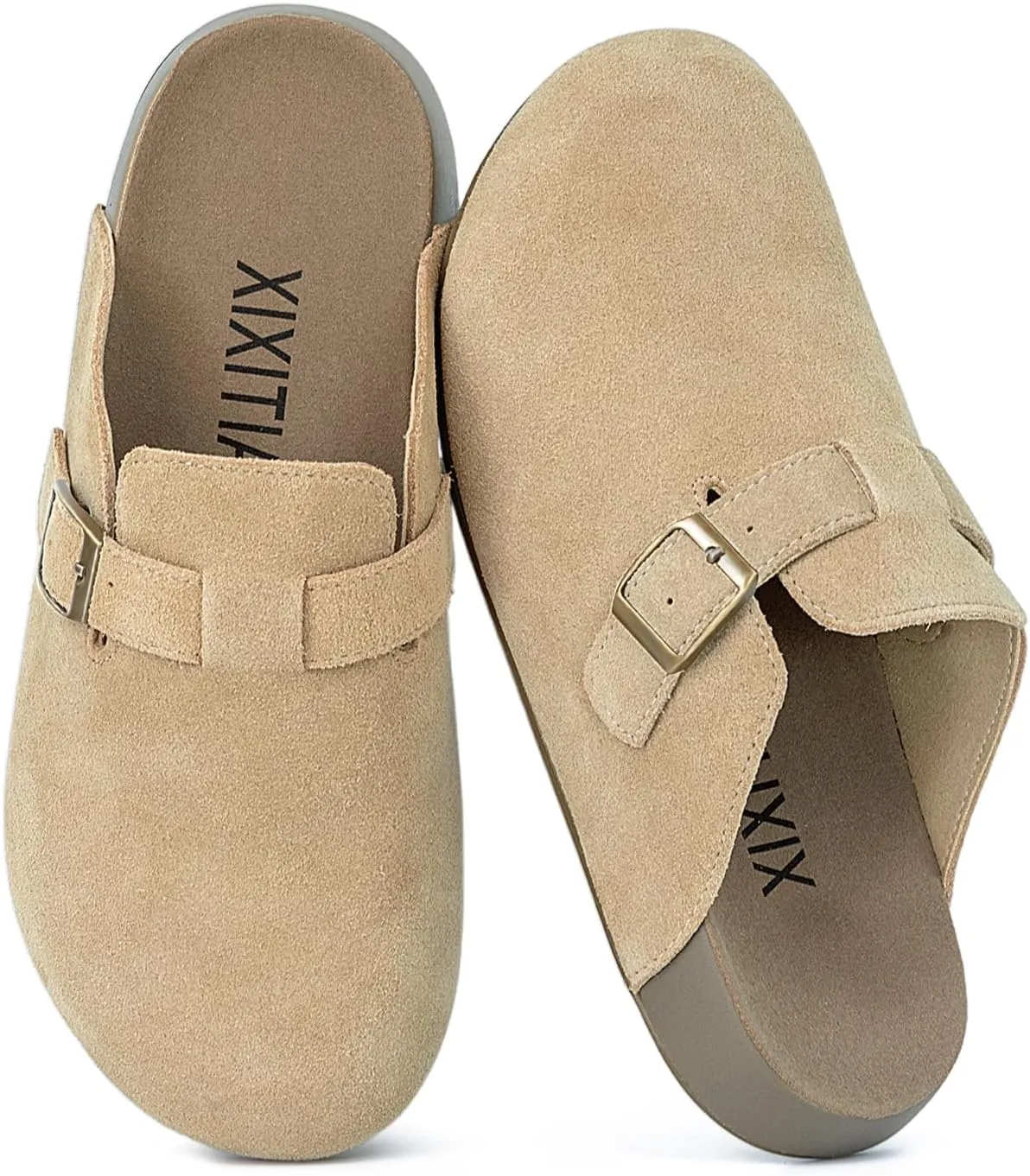 XIXITIAO Suede Clogs for Women,Genuine Leather Mules,Soft PU Footbed Cloud-Like Cushioning,Comfort Potato Shoes with Arch Support