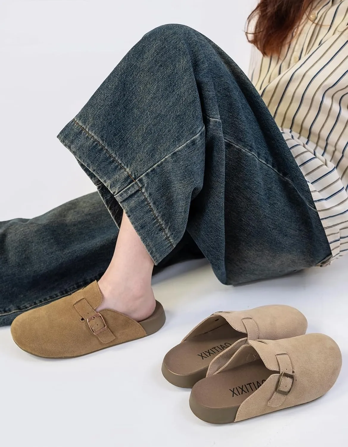 XIXITIAO Suede Clogs for Women,Genuine Leather Mules,Soft PU Footbed Cloud-Like Cushioning,Comfort Potato Shoes with Arch Support