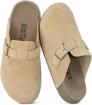 XIXITIAO Suede Clogs for Women,Genuine Leather Mules,Soft PU Footbed Cloud-Like Cushioning,Comfort Potato Shoes with Arch Support