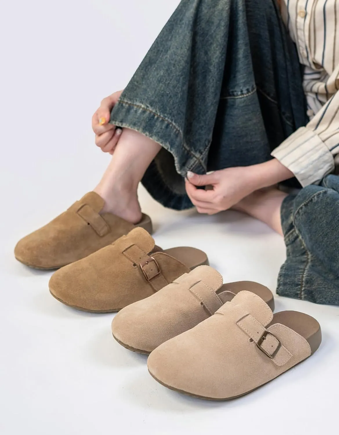XIXITIAO Suede Clogs for Women,Genuine Leather Mules,Soft PU Footbed Cloud-Like Cushioning,Comfort Potato Shoes with Arch Support
