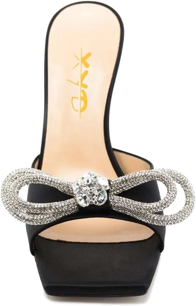XYD Women Fashion Rhinestones Bows Open Square Toe Slide Sandals High Spool Heel Mules Slip On Party Dress Daily Walking Shoes