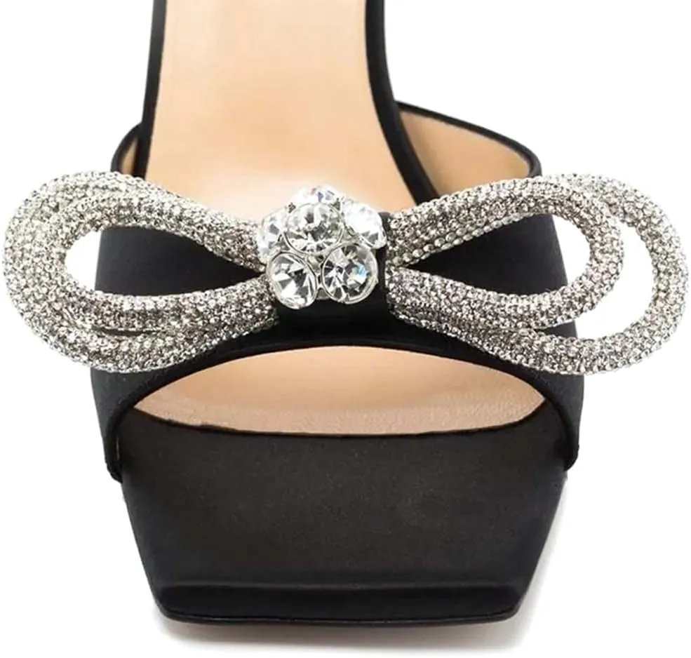 XYD Women Fashion Rhinestones Bows Open Square Toe Slide Sandals High Spool Heel Mules Slip On Party Dress Daily Walking Shoes