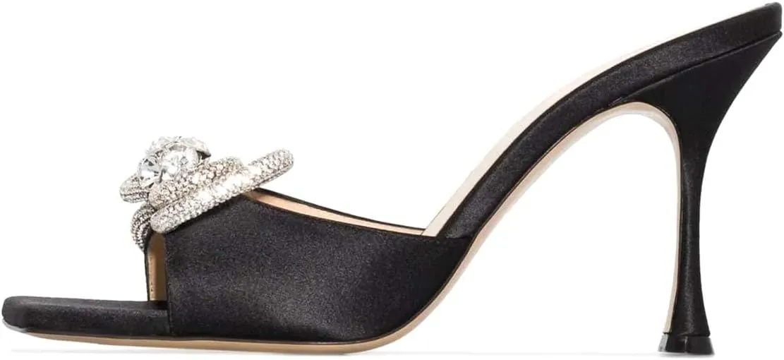 XYD Women Fashion Rhinestones Bows Open Square Toe Slide Sandals High Spool Heel Mules Slip On Party Dress Daily Walking Shoes