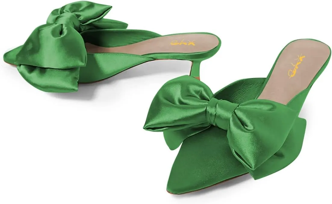 XYD Women Kitten Heel Mules Slip On Dress Sandals with Bows Pointed Toe Low Heel Satin Slippers Wedding Party Casual Shoes