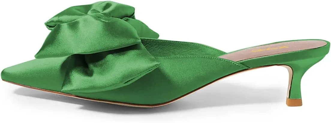 XYD Women Kitten Heel Mules Slip On Dress Sandals with Bows Pointed Toe Low Heel Satin Slippers Wedding Party Casual Shoes