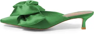 XYD Women Kitten Heel Mules Slip On Dress Sandals with Bows Pointed Toe Low Heel Satin Slippers Wedding Party Casual Shoes