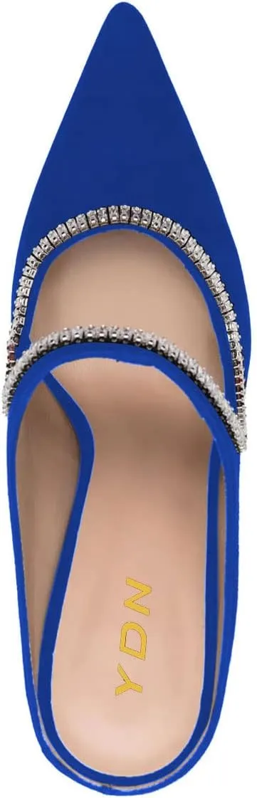 YDN Women Pointed Toe Cutout Mules Rhinestone Studded Block High Heel Sandals Slip on Party Dance Prom Shoes Size 4-15 US
