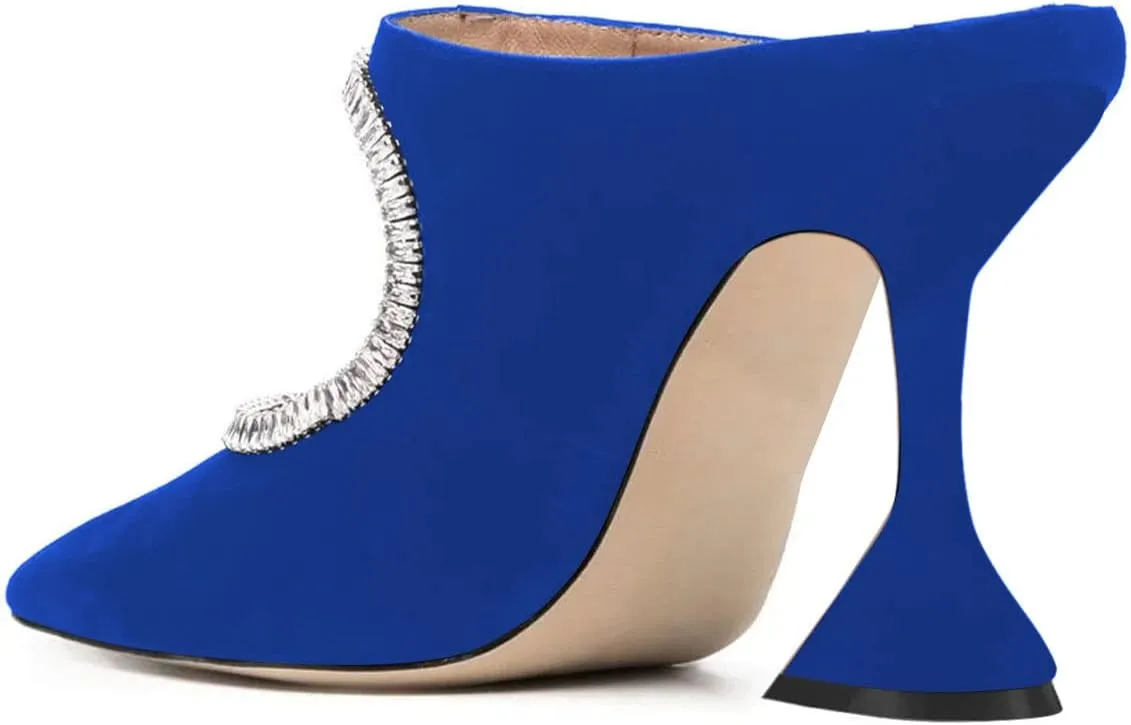 YDN Women Pointed Toe Cutout Mules Rhinestone Studded Block High Heel Sandals Slip on Party Dance Prom Shoes Size 4-15 US