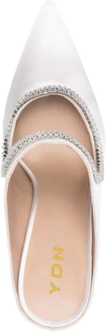 YDN Women Pointed Toe Cutout Mules Rhinestone Studded Block High Heel Sandals Slip on Party Dance Prom Shoes Size 4-15 US