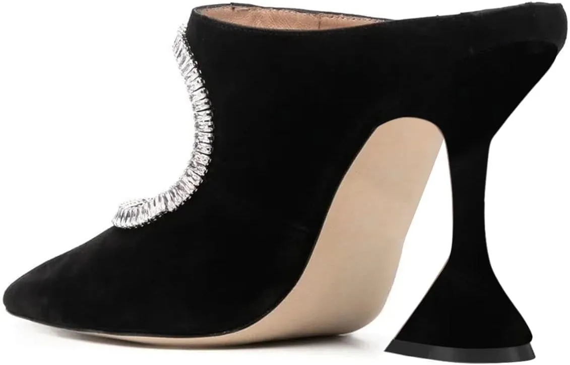 YDN Women Pointed Toe Cutout Mules Rhinestone Studded Block High Heel Sandals Slip on Party Dance Prom Shoes Size 4-15 US
