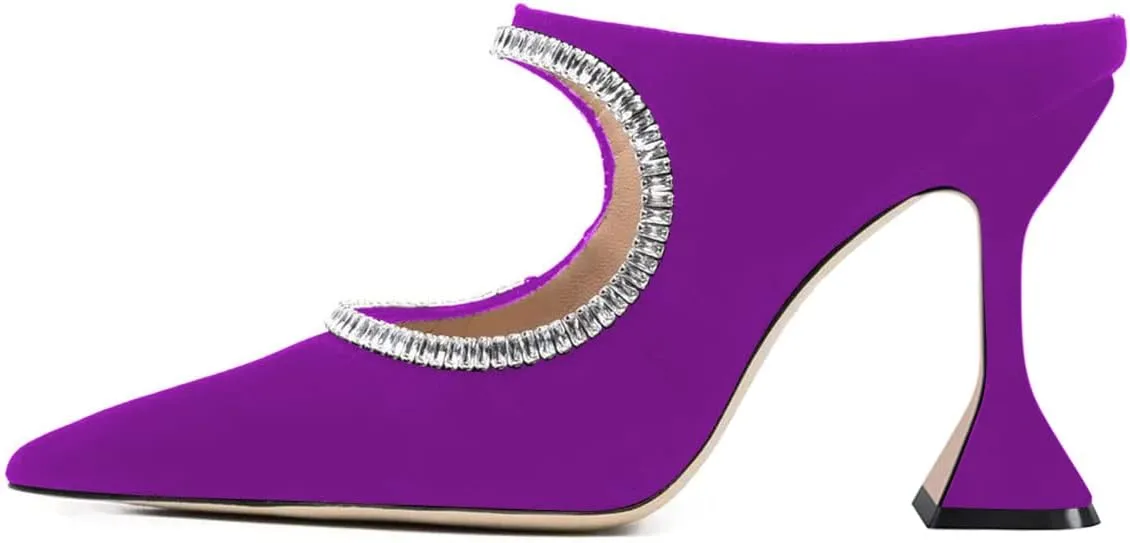 YDN Women Pointed Toe Cutout Mules Rhinestone Studded Block High Heel Sandals Slip on Party Dance Prom Shoes Size 4-15 US