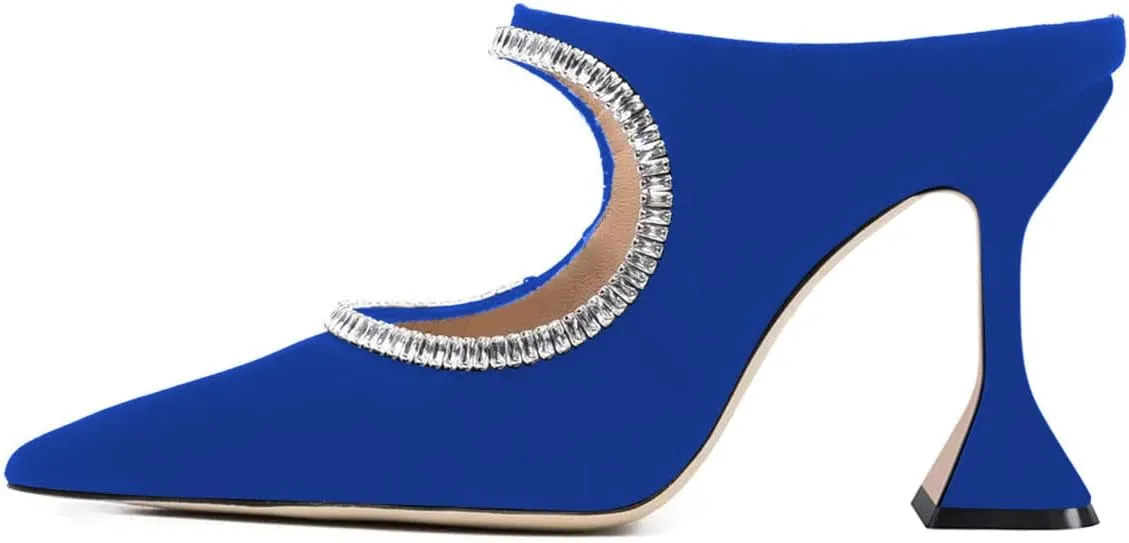 YDN Women Pointed Toe Cutout Mules Rhinestone Studded Block High Heel Sandals Slip on Party Dance Prom Shoes Size 4-15 US