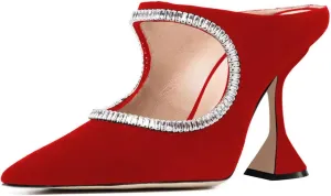 YDN Women Pointed Toe Cutout Mules Rhinestone Studded Block High Heel Sandals Slip on Party Dance Prom Shoes Size 4-15 US