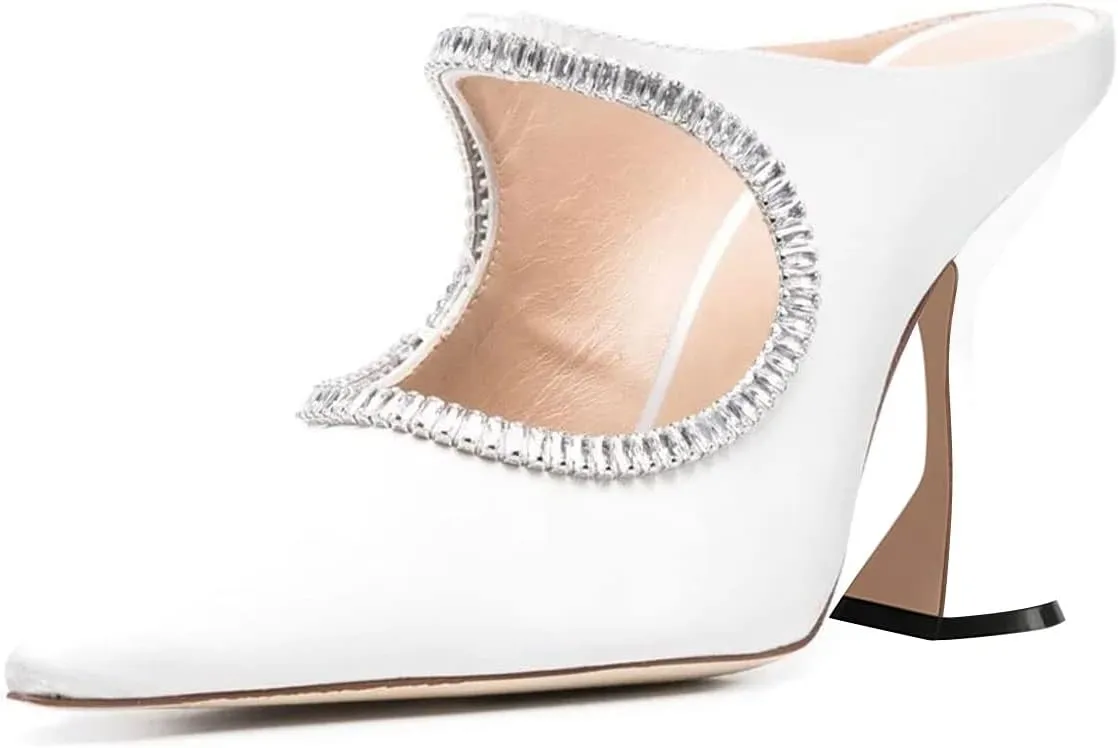 YDN Women Pointed Toe Cutout Mules Rhinestone Studded Block High Heel Sandals Slip on Party Dance Prom Shoes Size 4-15 US