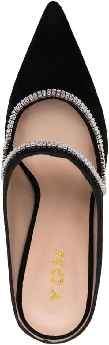 YDN Women Pointed Toe Cutout Mules Rhinestone Studded Block High Heel Sandals Slip on Party Dance Prom Shoes Size 4-15 US