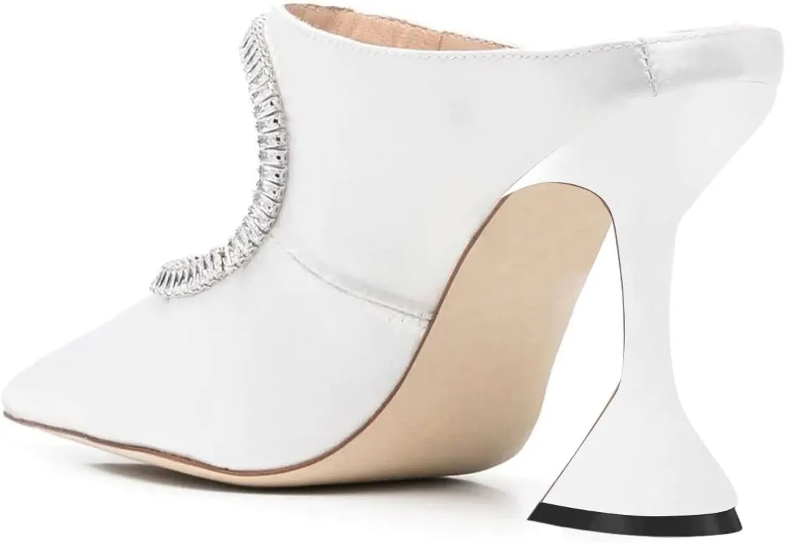 YDN Women Pointed Toe Cutout Mules Rhinestone Studded Block High Heel Sandals Slip on Party Dance Prom Shoes Size 4-15 US