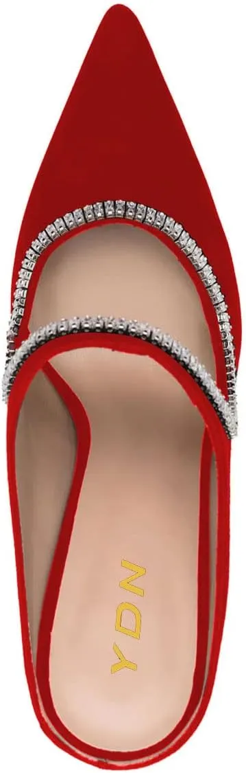 YDN Women Pointed Toe Cutout Mules Rhinestone Studded Block High Heel Sandals Slip on Party Dance Prom Shoes Size 4-15 US
