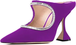 YDN Women Pointed Toe Cutout Mules Rhinestone Studded Block High Heel Sandals Slip on Party Dance Prom Shoes Size 4-15 US