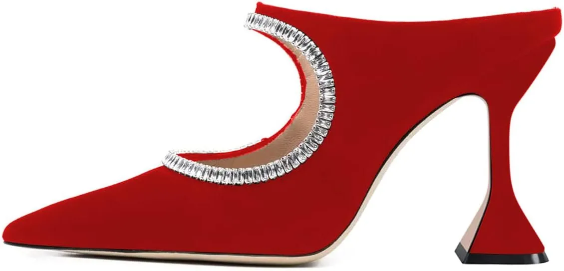 YDN Women Pointed Toe Cutout Mules Rhinestone Studded Block High Heel Sandals Slip on Party Dance Prom Shoes Size 4-15 US