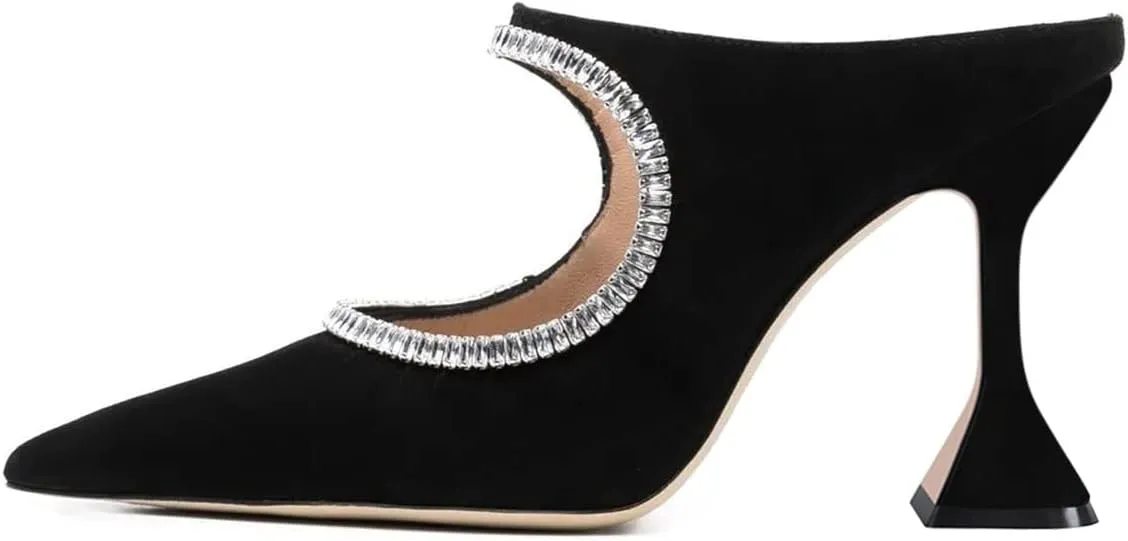 YDN Women Pointed Toe Cutout Mules Rhinestone Studded Block High Heel Sandals Slip on Party Dance Prom Shoes Size 4-15 US