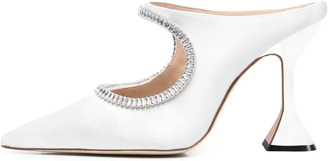 YDN Women Pointed Toe Cutout Mules Rhinestone Studded Block High Heel Sandals Slip on Party Dance Prom Shoes Size 4-15 US