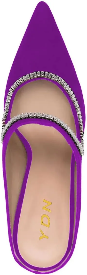 YDN Women Pointed Toe Cutout Mules Rhinestone Studded Block High Heel Sandals Slip on Party Dance Prom Shoes Size 4-15 US
