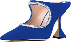 YDN Women Pointed Toe Cutout Mules Rhinestone Studded Block High Heel Sandals Slip on Party Dance Prom Shoes Size 4-15 US
