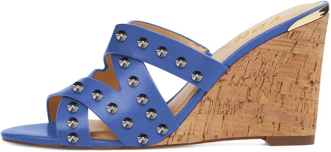YDN Women Strappy Peep Toe Sandals Wedge High Heels Slip On Mules Cut Out Slide Party Evening Elastic Shoes