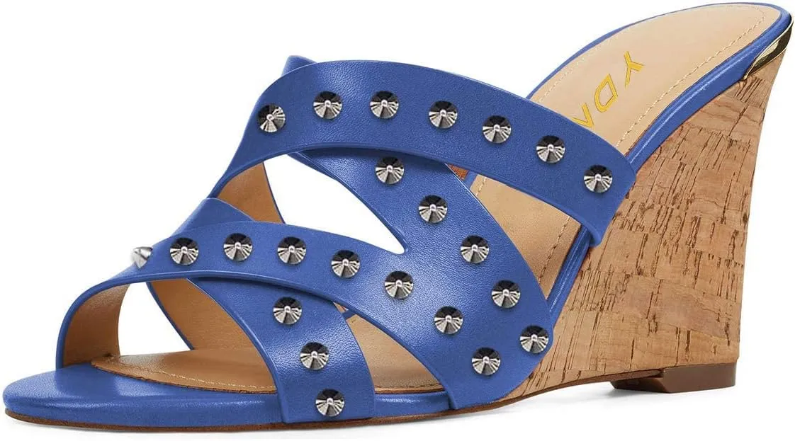 YDN Women Strappy Peep Toe Sandals Wedge High Heels Slip On Mules Cut Out Slide Party Evening Elastic Shoes