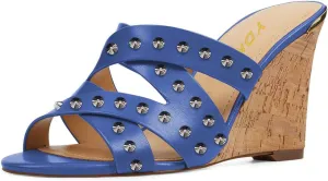 YDN Women Strappy Peep Toe Sandals Wedge High Heels Slip On Mules Cut Out Slide Party Evening Elastic Shoes