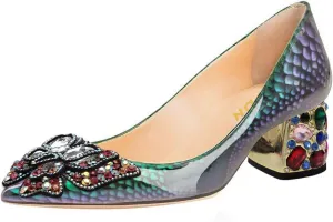 YDN Women's Pointed Toe Bow Pumps Colorful Rhinestone Block Low Heel Butterfly Slip On Fashion Party Dance Shoes Size 4-15 US