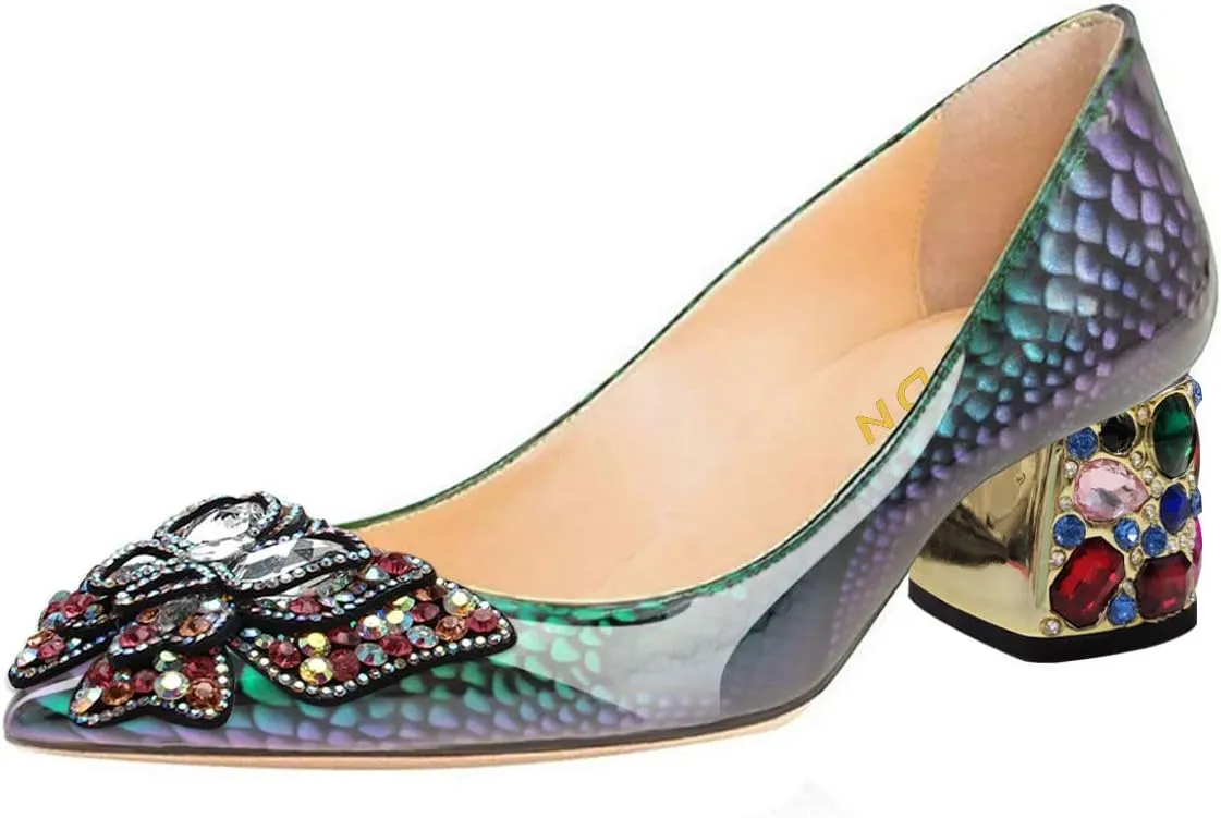 YDN Women's Pointed Toe Bow Pumps Colorful Rhinestone Block Low Heel Butterfly Slip On Fashion Party Dance Shoes Size 4-15 US