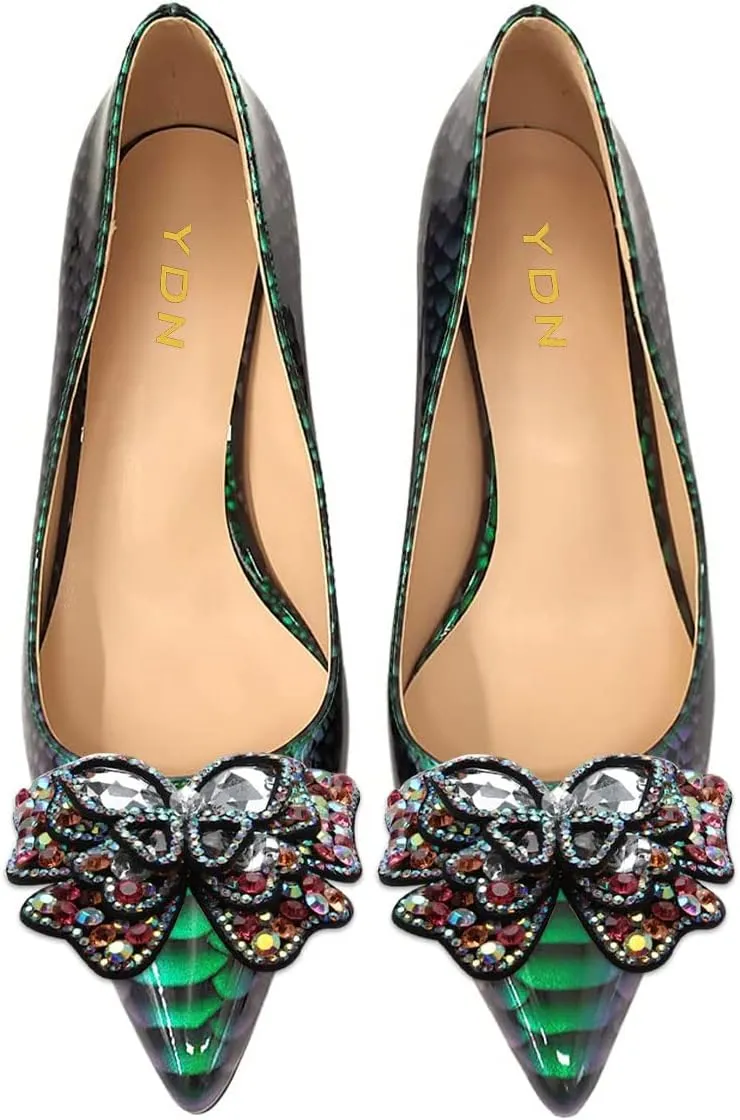 YDN Women's Pointed Toe Bow Pumps Colorful Rhinestone Block Low Heel Butterfly Slip On Fashion Party Dance Shoes Size 4-15 US