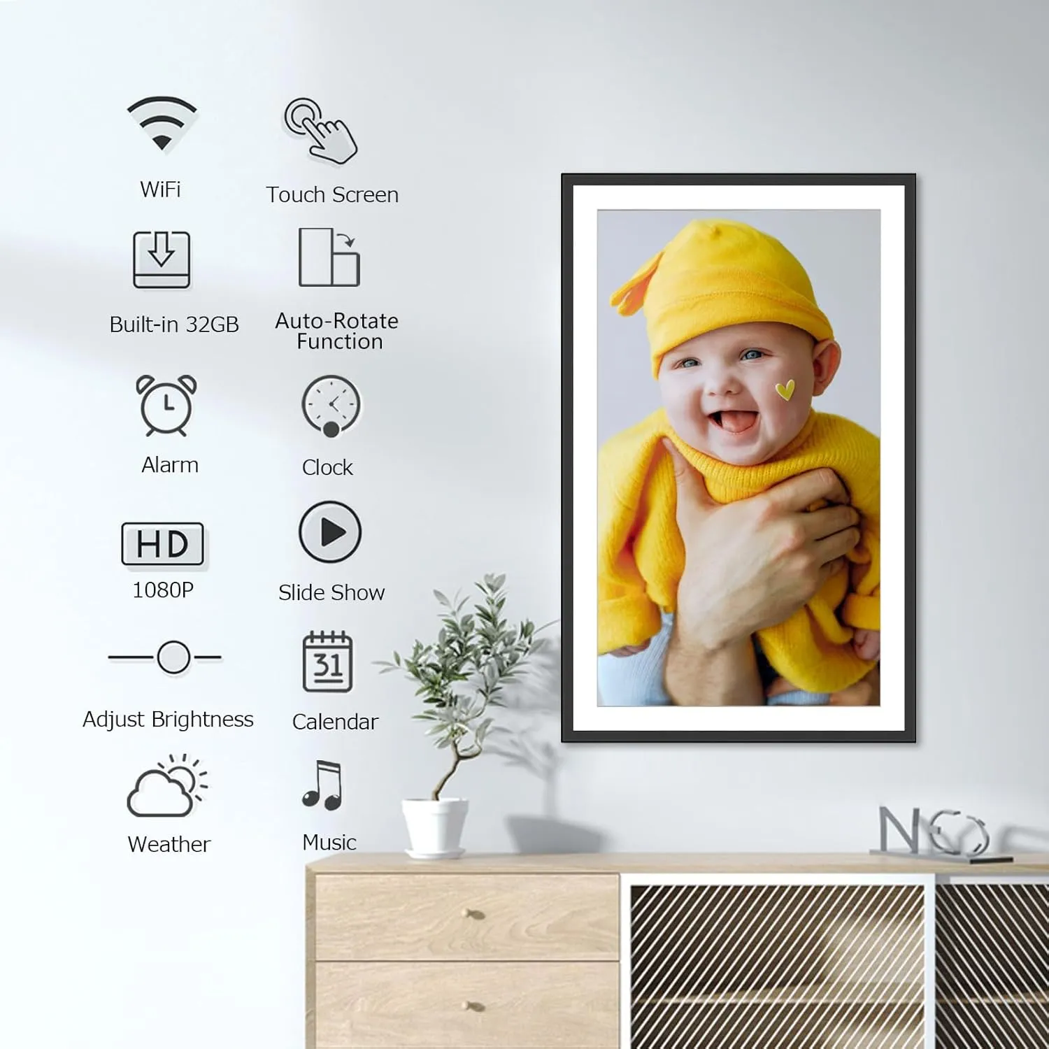 YENOCK15.6 WiFi Digital Picture Frame,32GB FHD IPS LCD Touch Screen,Large Digital Smart Photo Frame Wall Mountable,Share Photos/Videos Instantly via Free APP,Father's Day/Birthday/Christmas