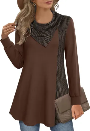 Youtalia Women's Long Sleeve Cowl Neck Tunic Color Block Pullover Sweatshirt