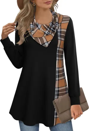 Youtalia Women's Long Sleeve Cowl Neck Tunic Color Block Pullover Sweatshirt