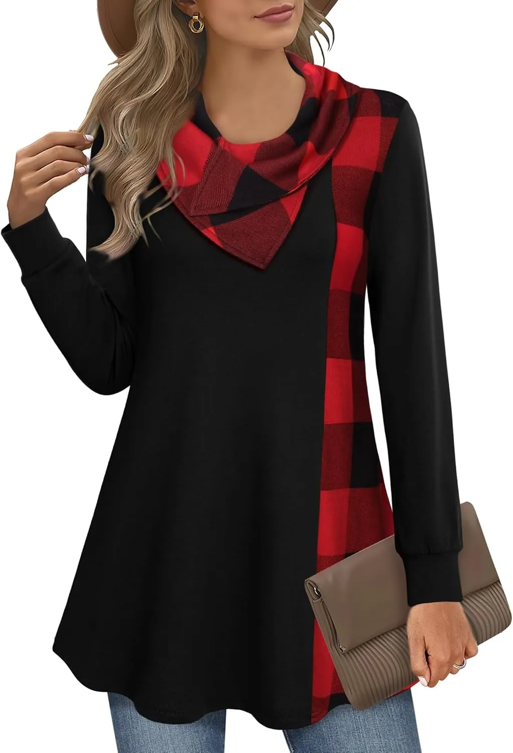 Youtalia Women's Long Sleeve Cowl Neck Tunic Color Block Pullover Sweatshirt