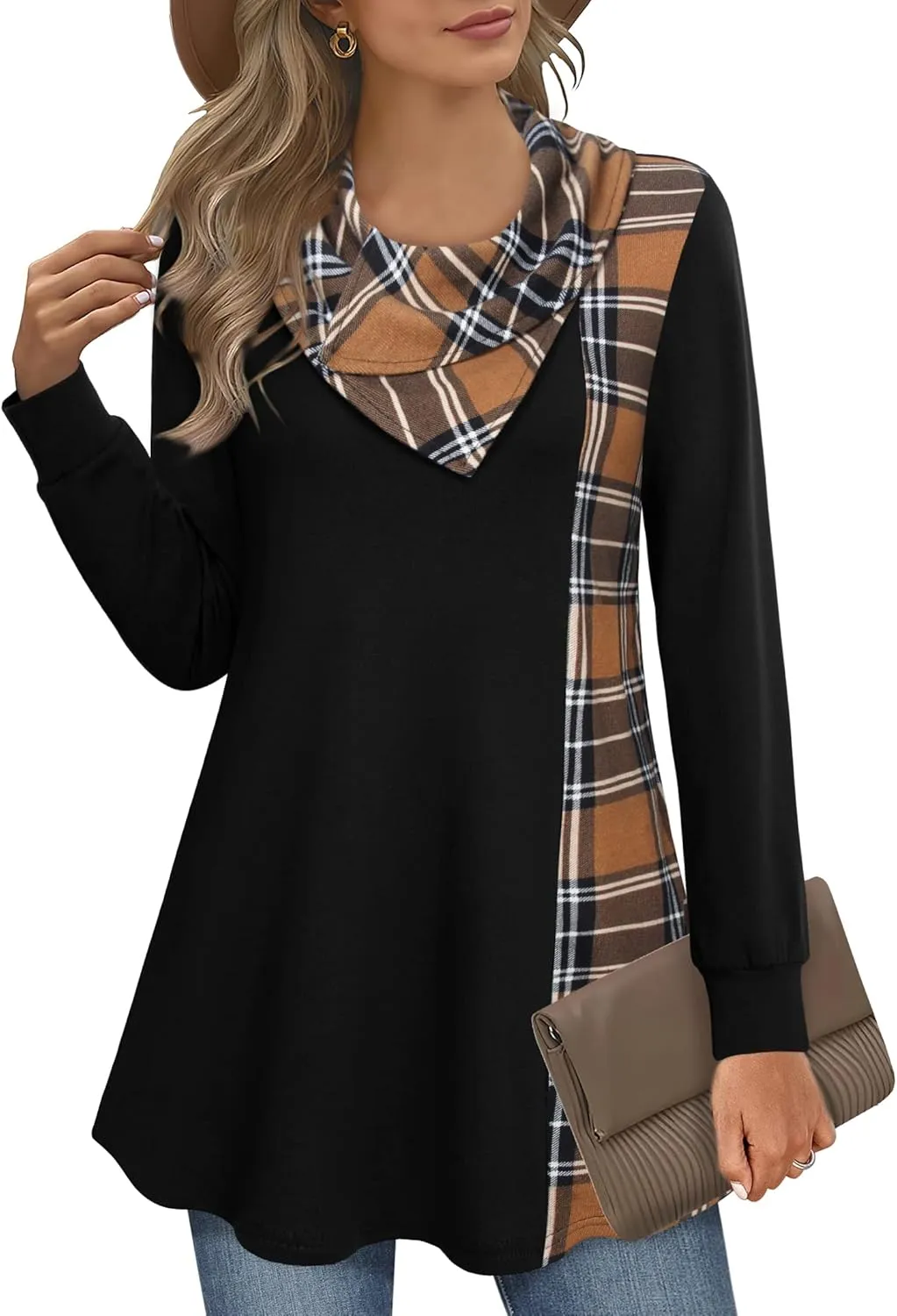Youtalia Women's Long Sleeve Cowl Neck Tunic Color Block Pullover Sweatshirt