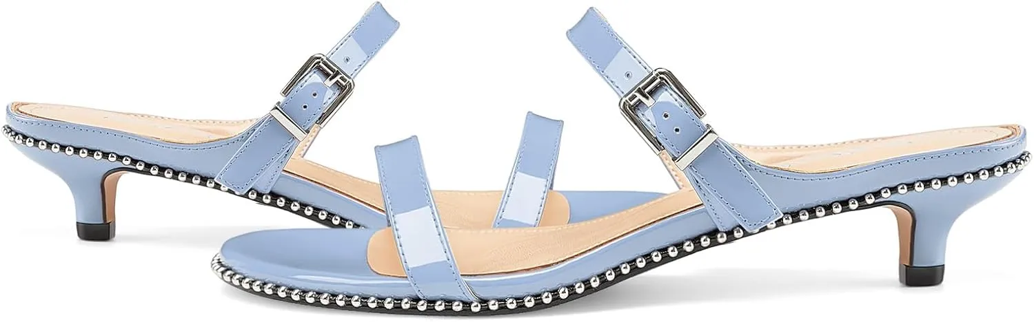 Z.Oufeier Women's Two Strap Low Kitten Heels Studded Sandals Open Toe Heeled Strappy Beaded Buckle Slip On Dressy Mules Shoes