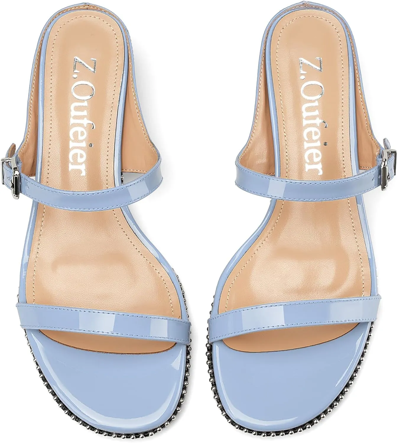 Z.Oufeier Women's Two Strap Low Kitten Heels Studded Sandals Open Toe Heeled Strappy Beaded Buckle Slip On Dressy Mules Shoes
